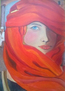 Frau mit rotem Tuch